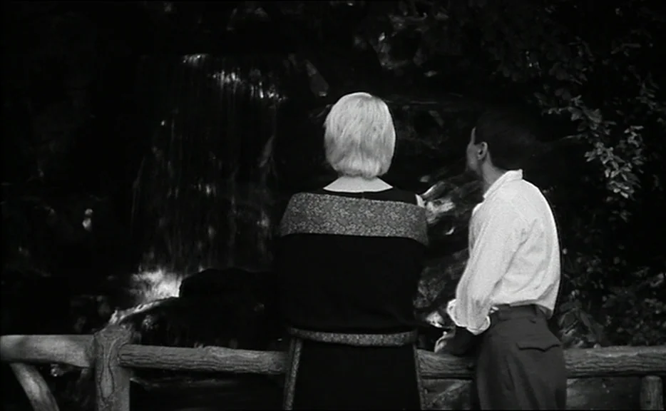 Cléo from 5 to 7 movie still: medium — A woman and a man stand before a small waterfall in a dark outdoor setting. They lean on a rustic wooden…