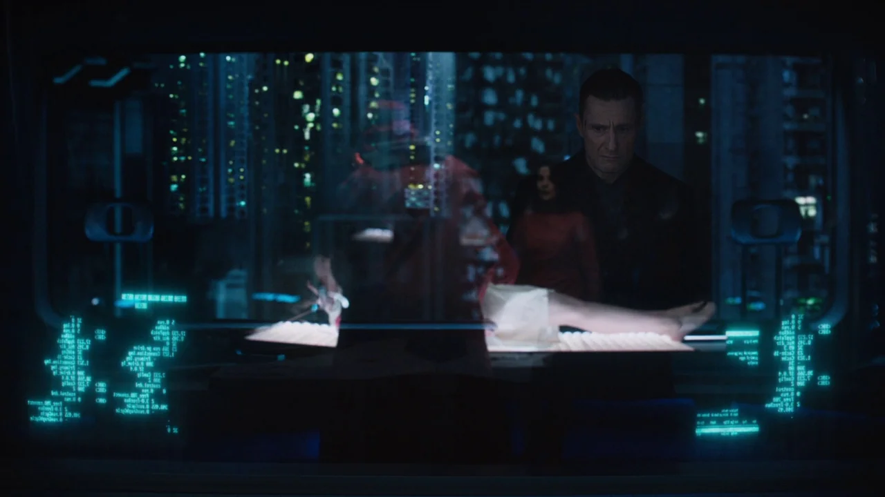 Ghost in the Shell (2017) movie still: medium — A dark vehicle interior with glowing blue technical data projections overlaying the glass view. A…