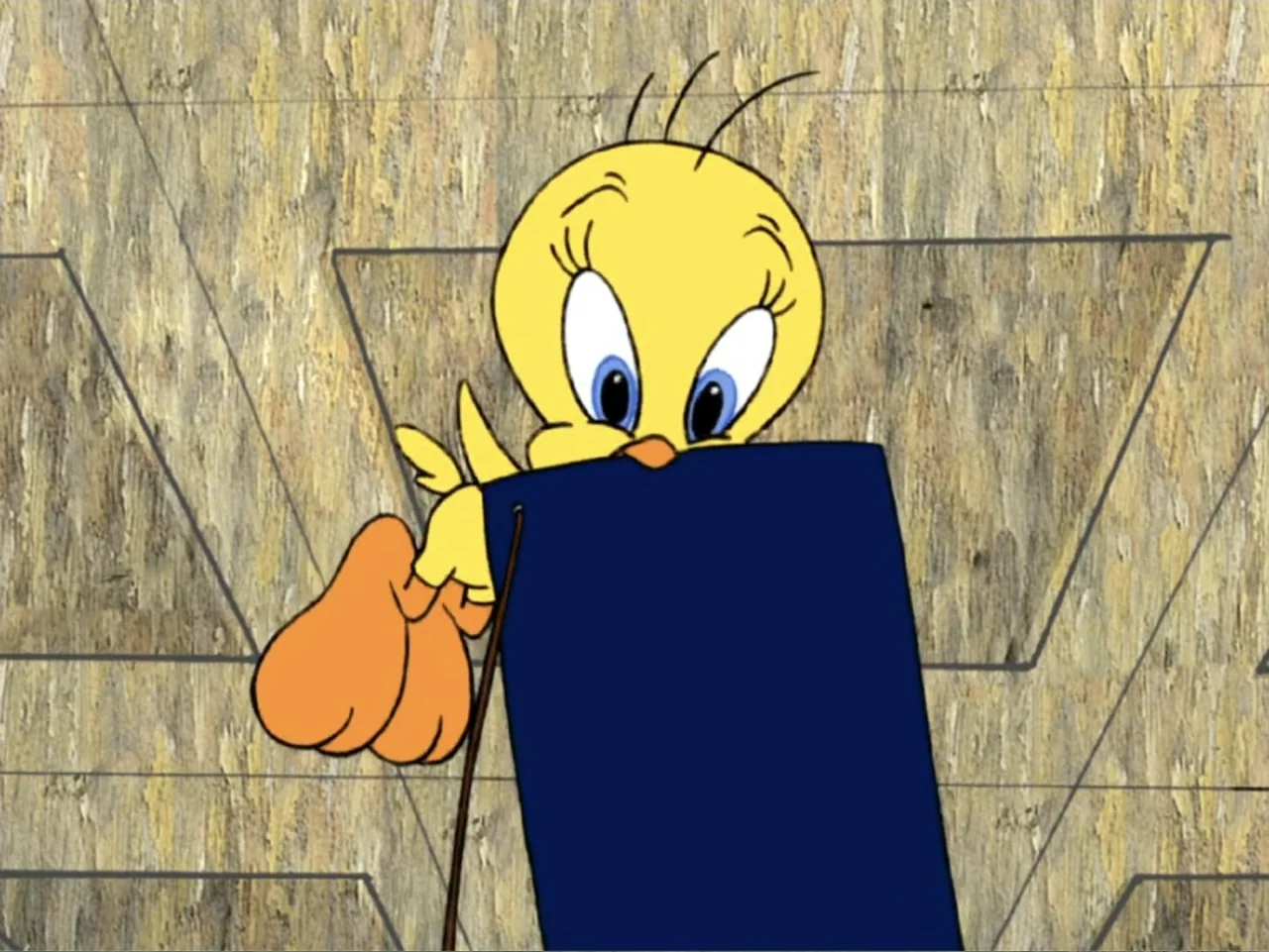 Tweety's High Flying Adventure (2000) movie still: closeup — A cartoon yellow bird with large blue eyes is centered against a textured background.…