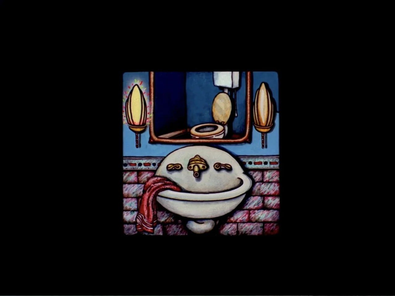 Asparagus (2007) movie still: medium — A stylized, hand-drawn aesthetic bathroom interior features a white sink against tiled walls. A red towel…