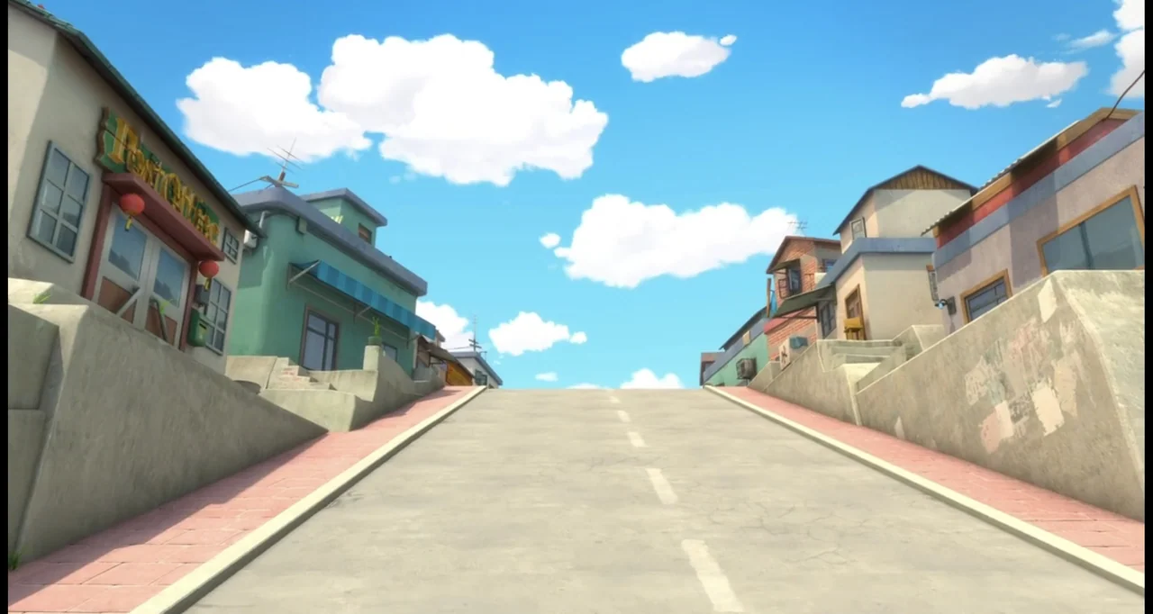 Boonie Bears: To the Rescue (2014) movie still: establishing — A steeply inclined paved street rises between simple residential buildings under a…
