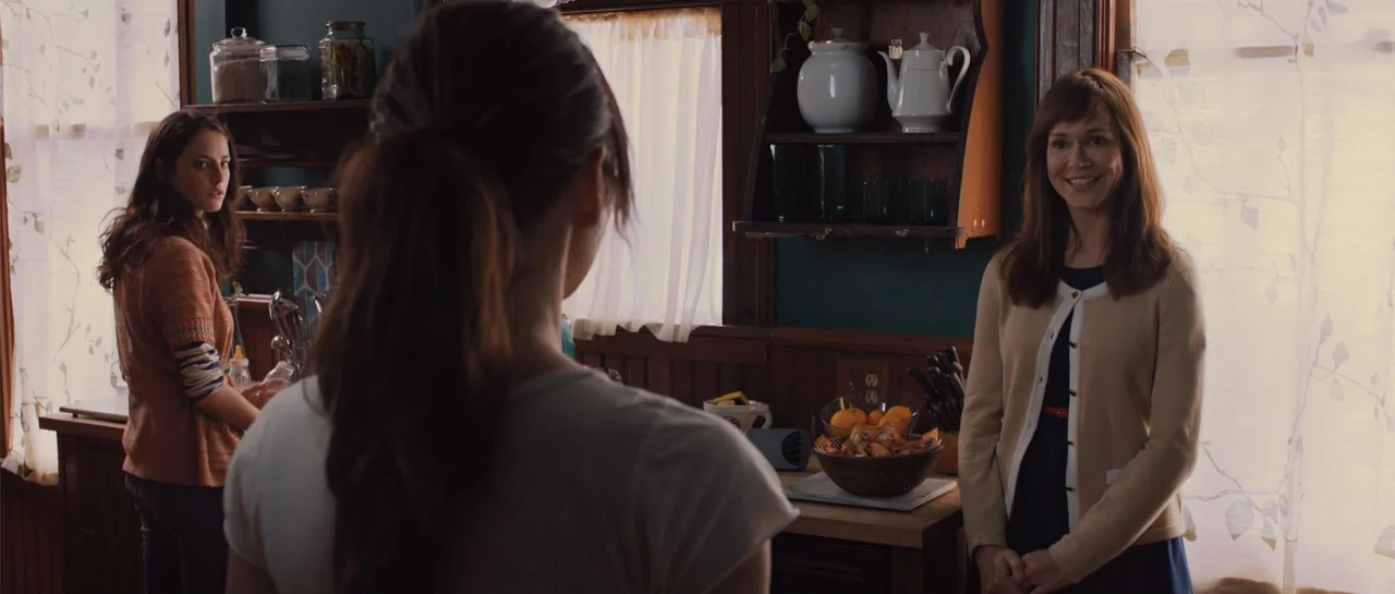 The Truth About Emanuel (2013) movie still: medium — A residential kitchen features wooden cabinetry and shelves filled with porcelain kitchenware…