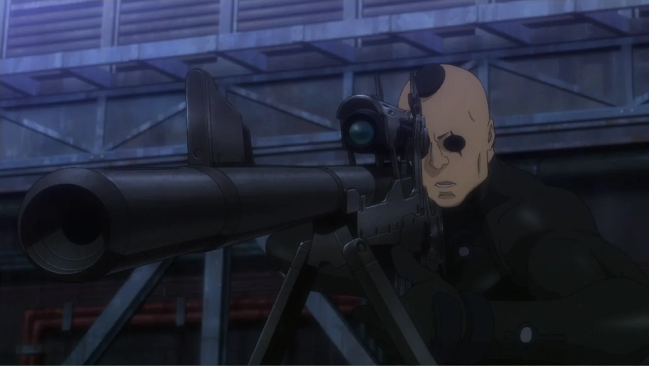 Ghost in the Shell: The New Movie (2015) movie still: medium — An industrial metal structure at night provides a cold backdrop for the scene. A man…
