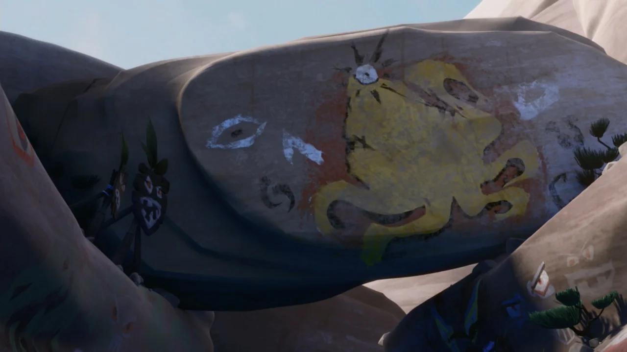 Troll: The Tale of a Tail (2018) movie still: wide — A large sandstone rock formation features a stylized painted yellow mural of a creature. Small…