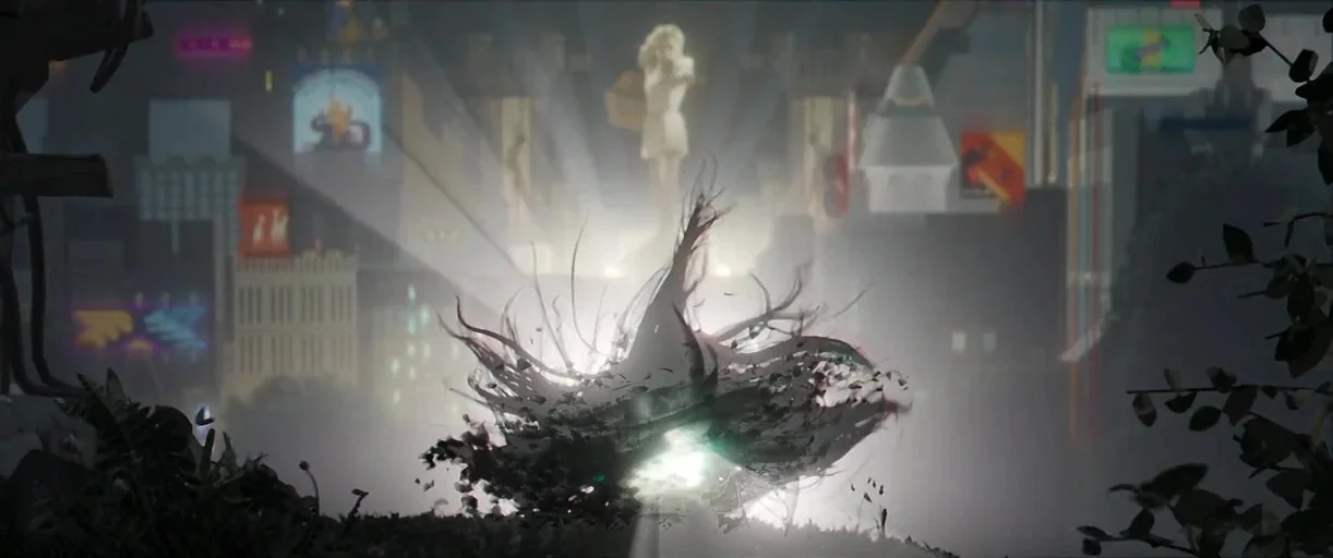Nimona (2023) movie still: wide — A dark, ethereal entity floats before a bright statue in a misty urban plaza. Billboards and architectural…