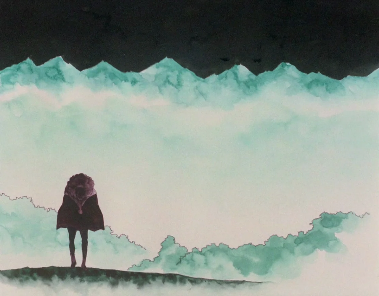 Belladonna of Sadness (1973) movie still: wide — A watercolor landscape features sharp mountain peaks above rolling layers of green mist. A lone…