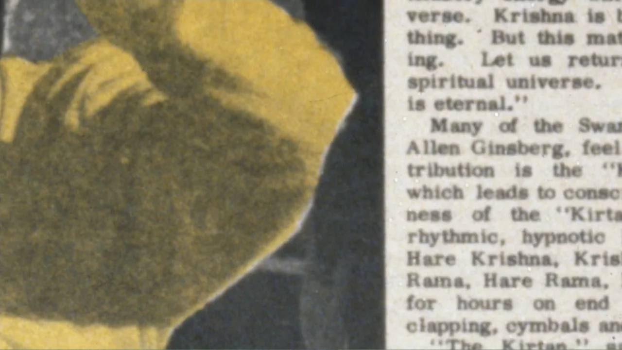 Hare Krishna! The Mantra, the Movement and the Swami Who Started It All (2017) movie still: closeup — A close-up view shows columns of black text…
