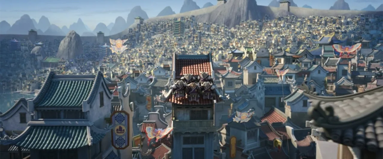Kung Fu Panda 4 (2024) movie still: establishing — A dense urban environment features traditional East Asian architecture with multi-tiered tile…