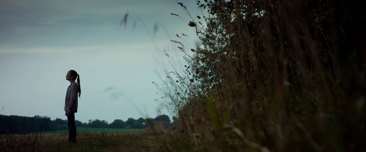 The Monster (2016) movie still: wide — An overcast open field features tall dry grass in the foreground and dark treeline. A young girl stands…
