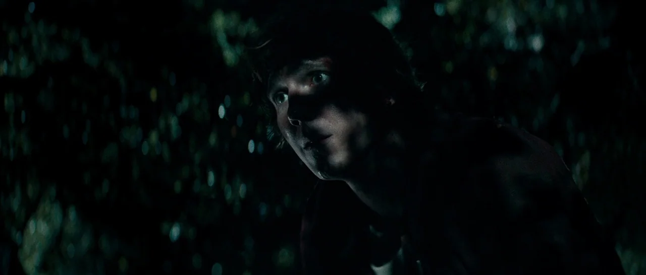 Swiss Army Man (2016) movie still: closeup — A dark, out-of-focus background of foliage at night surrounds the subject. A young man stares intently…