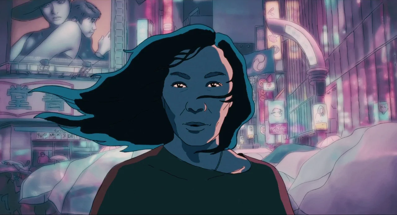 Everything Everywhere All At Once (2022) movie still: medium — A dense urban environment features blurred neon advertisements reflecting on a dark…
