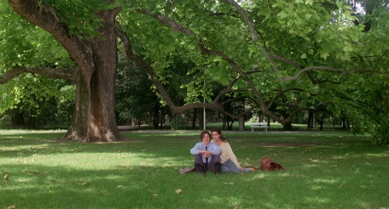 Etoile (1989) movie still: wide — A couple sits on a grassy lawn beneath a massive old tree. The background features open parkland with scattered…
