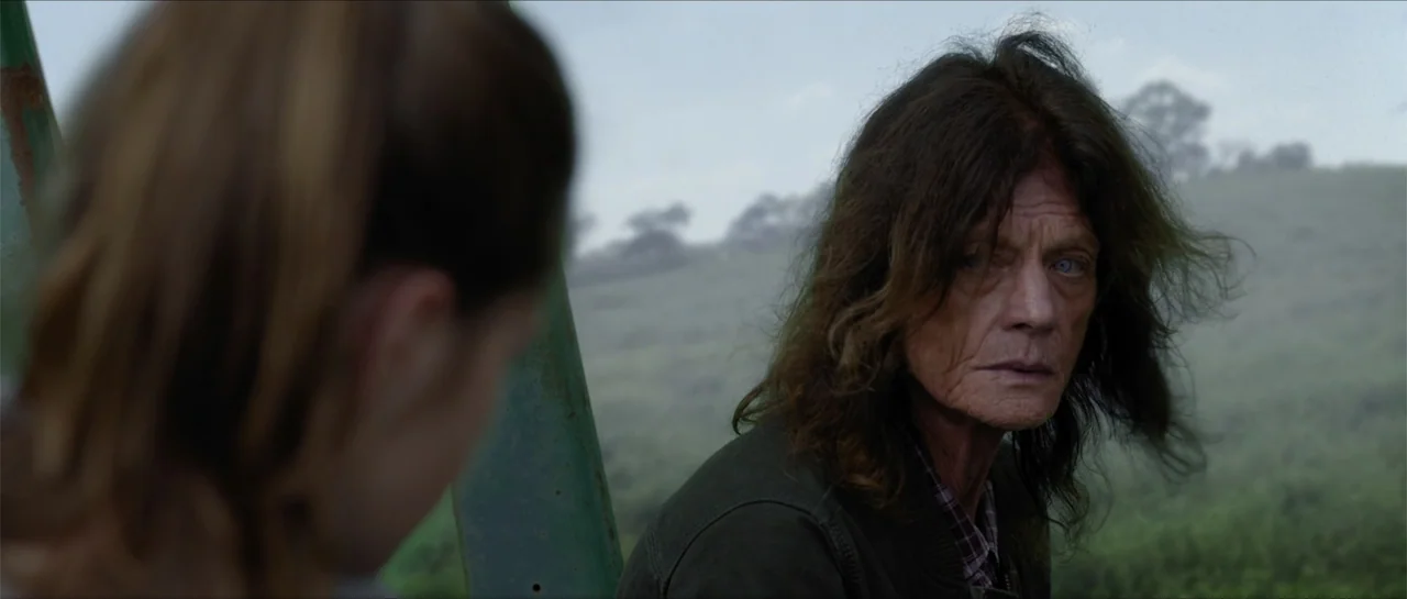 Jeepers Creepers 3 (2017) movie still: medium — An overcast outdoor landscape features a grassy hill with sparse trees in the distance. A man with…