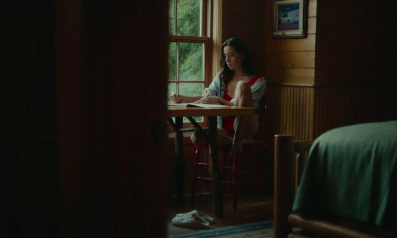 Black Bear (2020) movie still: medium — A rustic interior with wood-paneled walls features a small table by a window. A woman wearing a red swimsuit…