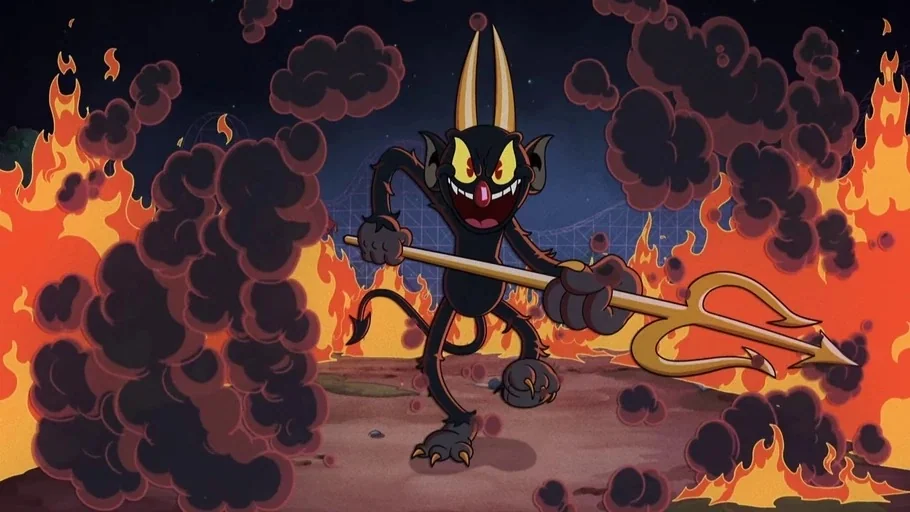 The Cuphead Show! (2022) movie still: medium — A nighttime amusement park is engulfed in rising flames and billowing thick dark smoke. A cartoon…