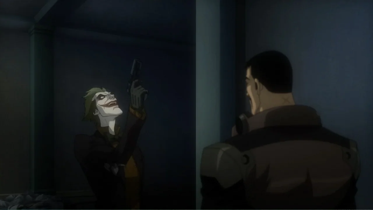 Batman: Assault on Arkham (2014) movie still: medium — A dark, sparsely detailed interior space with two figures standing in mid-ground. The Joker…