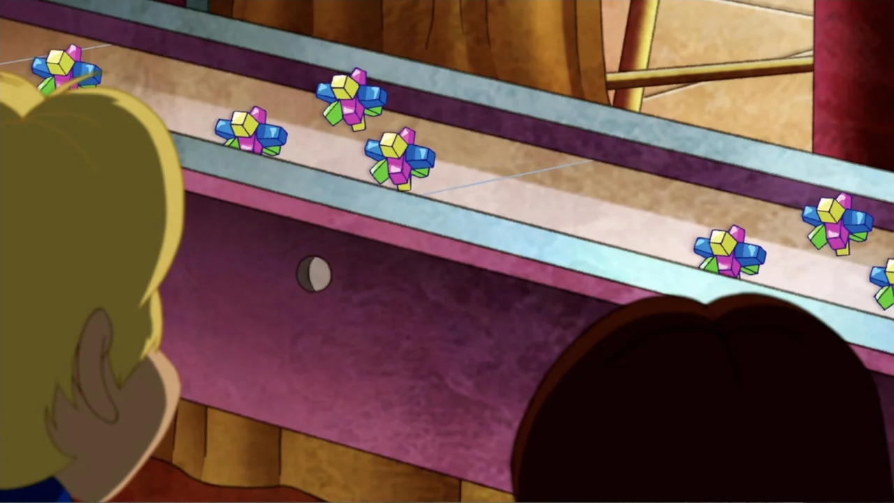 Tom and Jerry: Willy Wonka & the Chocolate Factory (2017) movie still: medium — A stylized interior space features a mechanical conveyor belt…