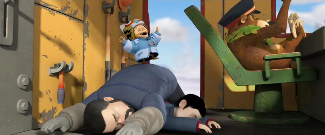 Boonie Bears: A Mystical Winter (2015) movie still: medium — The interior of a worn yellow metal cabin with mechanical controls and exposed pipes. A…