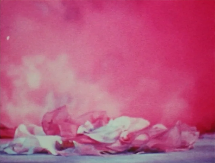Pink Narcissus (1971) movie still: closeup — A cluster of translucent, pink fabric remnants rests upon a plain surface. The background is a solid…