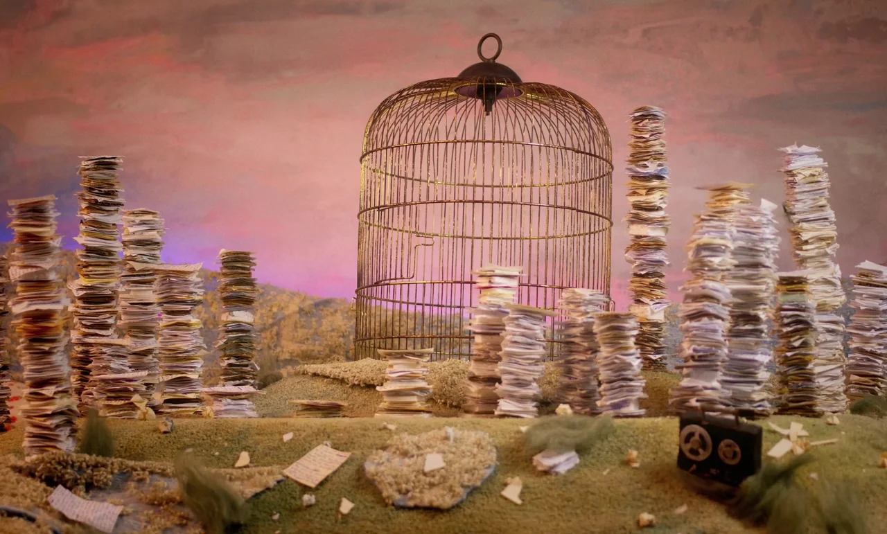The Silent Twins (2022) movie still: wide — A miniature landscape features a large metal birdcage surrounded by numerous tall stacks of paper. The…