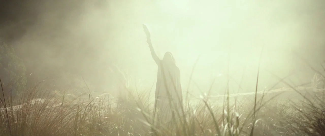 Alien: Covenant (2017) movie still: wide — A field filled with tall, dry grasses is obscured by thick, bright atmospheric haze. A person wearing a…