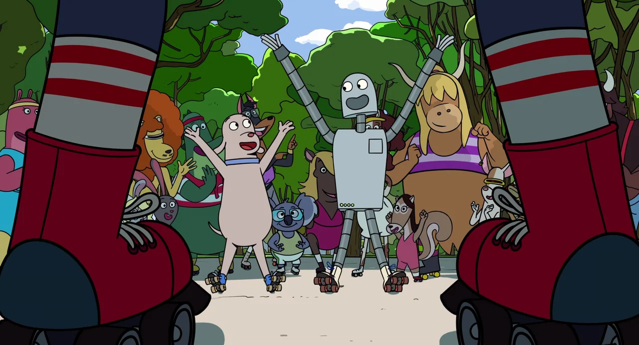 Robot Dreams (2023) movie still: medium — A group of diverse cartoon animals and a robot skate in a sunny clearing. The camera perspective is from…