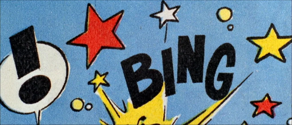 Made in U.S.A. (1966) movie still: closeup — A graphic comic book panel features the word BING in black text. Several colorful stars and an…