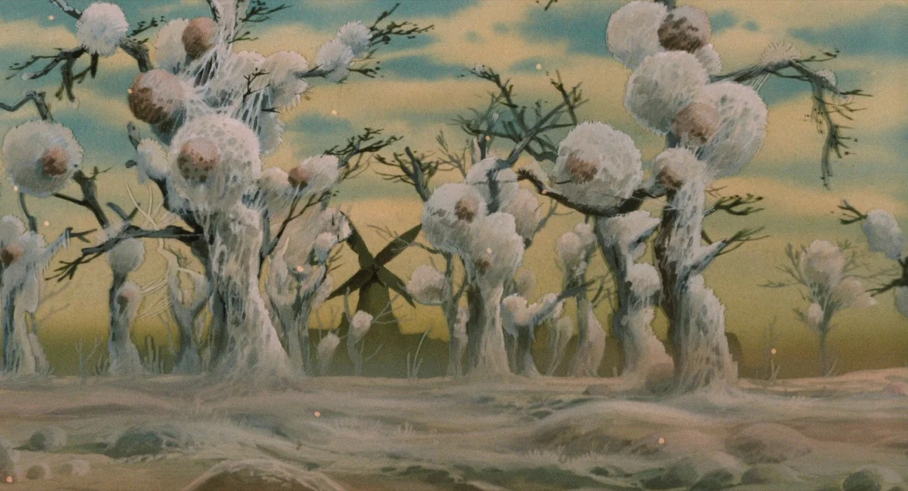 Nausicaä of the Valley of the Wind (1984) movie still: wide — A field of gnarled trees covered in thick white webbing stands under a twilight sky. A…