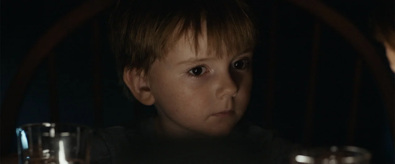 It Comes at Night (2017) movie still: closeup — A dark dining room background with the blurred outline of a wooden chair. A young boy looks toward…
