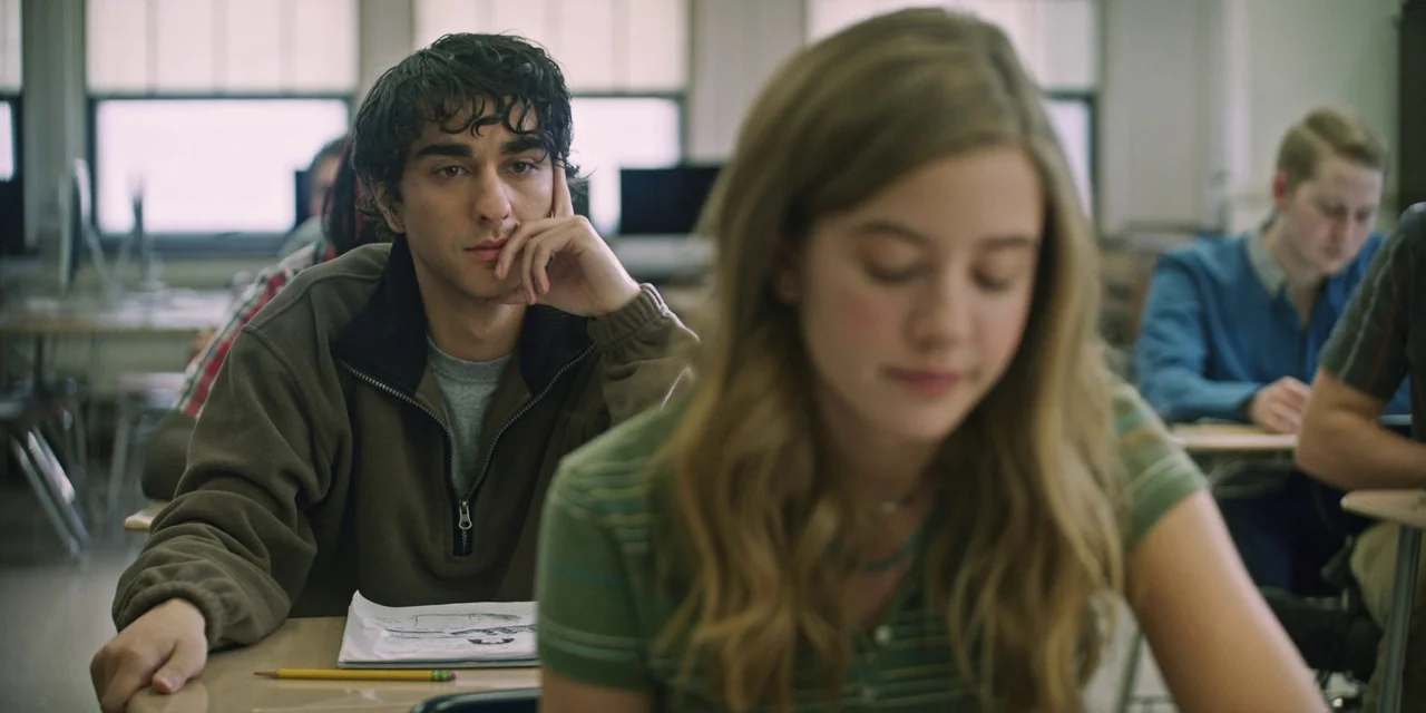 Hereditary (2018) movie still: medium — A high school classroom with rows of desks and windows showing daylight outside. A male student sits at a…