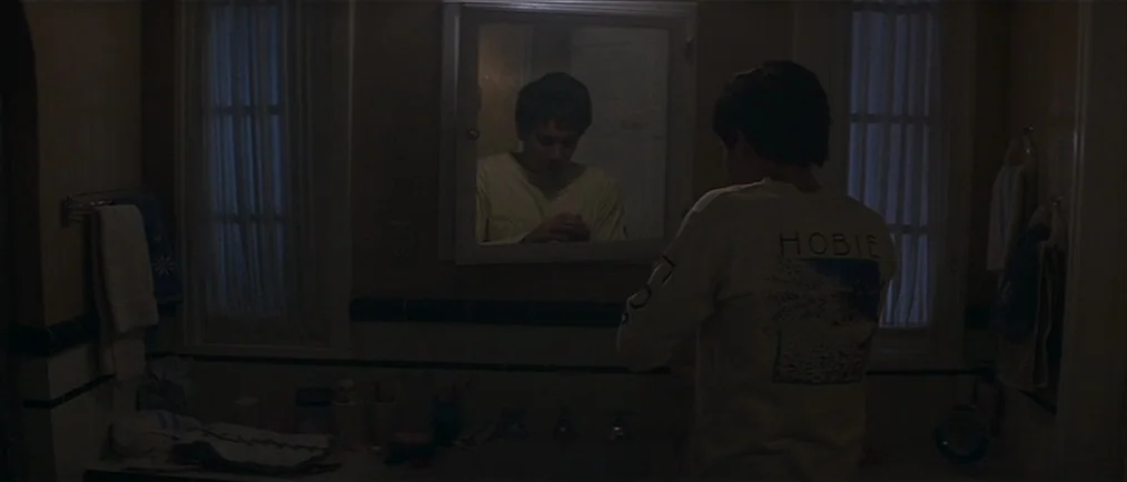 Donnie Darko movie still: medium — A dark bathroom contains a medicine cabinet mirror flanked by two shuttered windows. A young man stands before…
