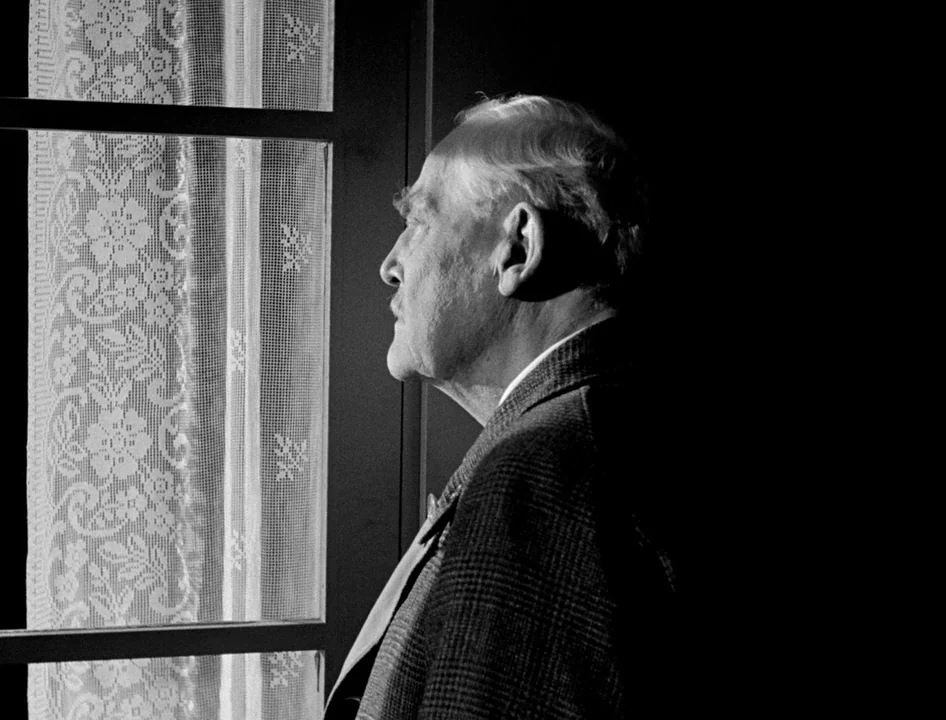 Wild Strawberries (1957) movie still: medium — A dark indoor space is illuminated by light filtering through a patterned lace curtain. An elderly…