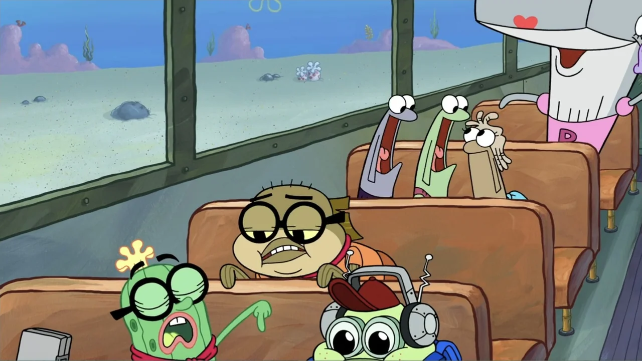 SpongeBob Squarepants: Kreepaway Kamp (2024) movie still: medium — An interior of a public bus shows several fish characters sitting in rows. They…