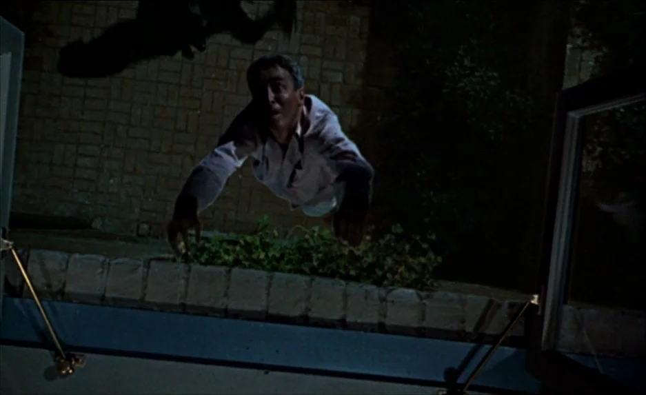 Rear Window (1954) movie still: medium — A man falls through the night air past a brick wall and window ledge. The subject reaches his hands forward…