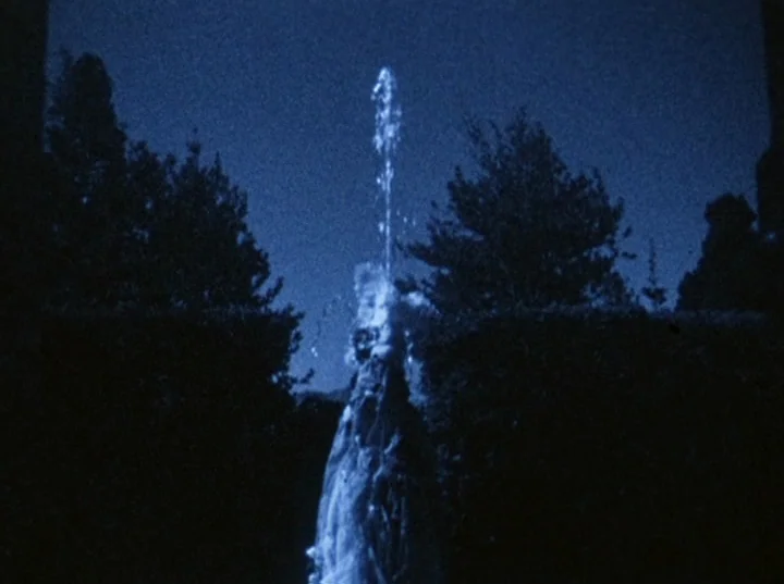 Eaux d’Artifice (1953) movie still: wide — A dark outdoor space features a central water feature with dense surrounding vegetation. A single…