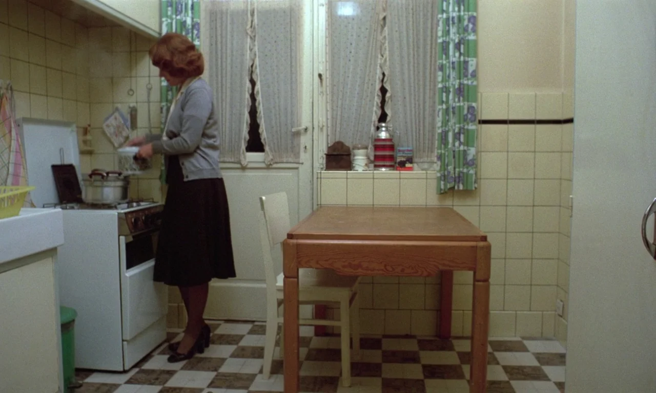 Jeanne Dielman, 23, quai du commerce, 1080 Bruxelles (1975) movie still: medium — A small kitchen features checkered floor tiles and pale yellow…