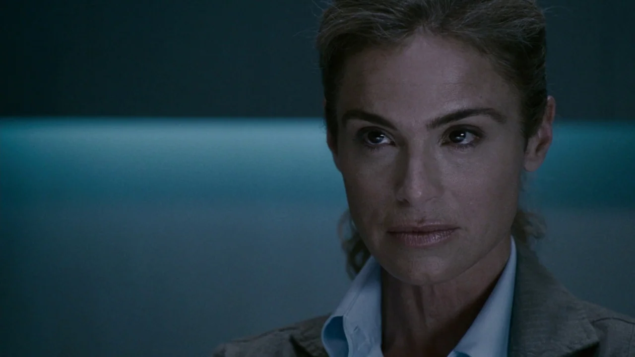 Saw IV movie still: closeup — A dark office environment features a smooth wall with a thin horizontal light strip. A middle-aged woman in business…