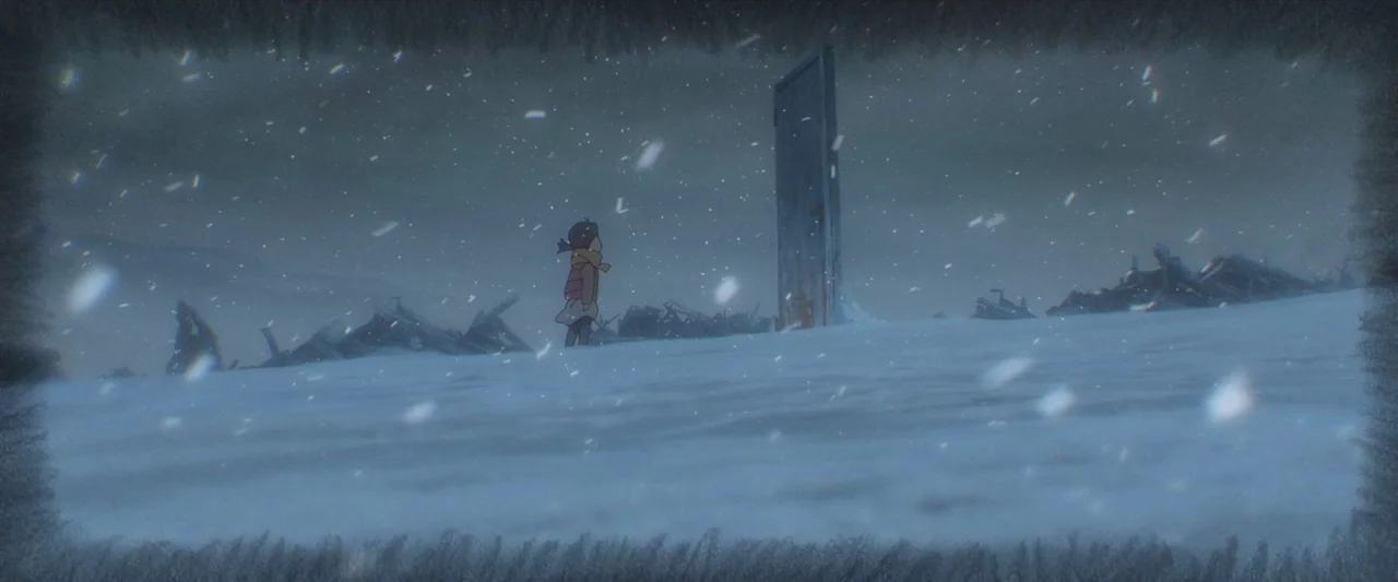 Suzume (2022) movie still: wide — A vast, desolate snowy expanse filled with scattered debris under a grey overcast sky. A young girl in a winter…