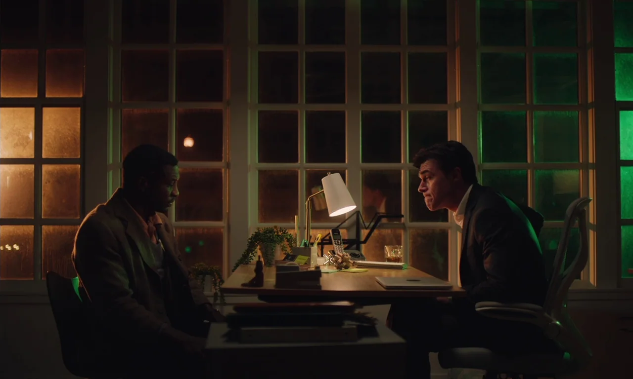 The Last Black Man in San Francisco (2019) movie still: wide — A night-time setting with a grid-patterned window illuminated by vibrant green and…