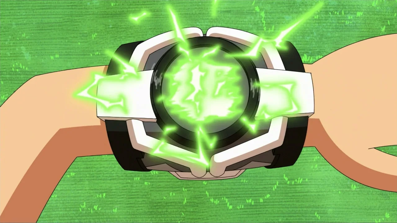 Ben 10: Ben 10,010 (2021) movie still: closeup — A close-up view of a wrist wearing a futuristic black and white mechanical device. The device glows…