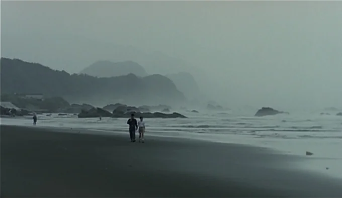 Dust In The Wind (1986) movie still: wide — A vast, grey coastline features dark volcanic sand and rolling surf under fog. Two small figures walk…