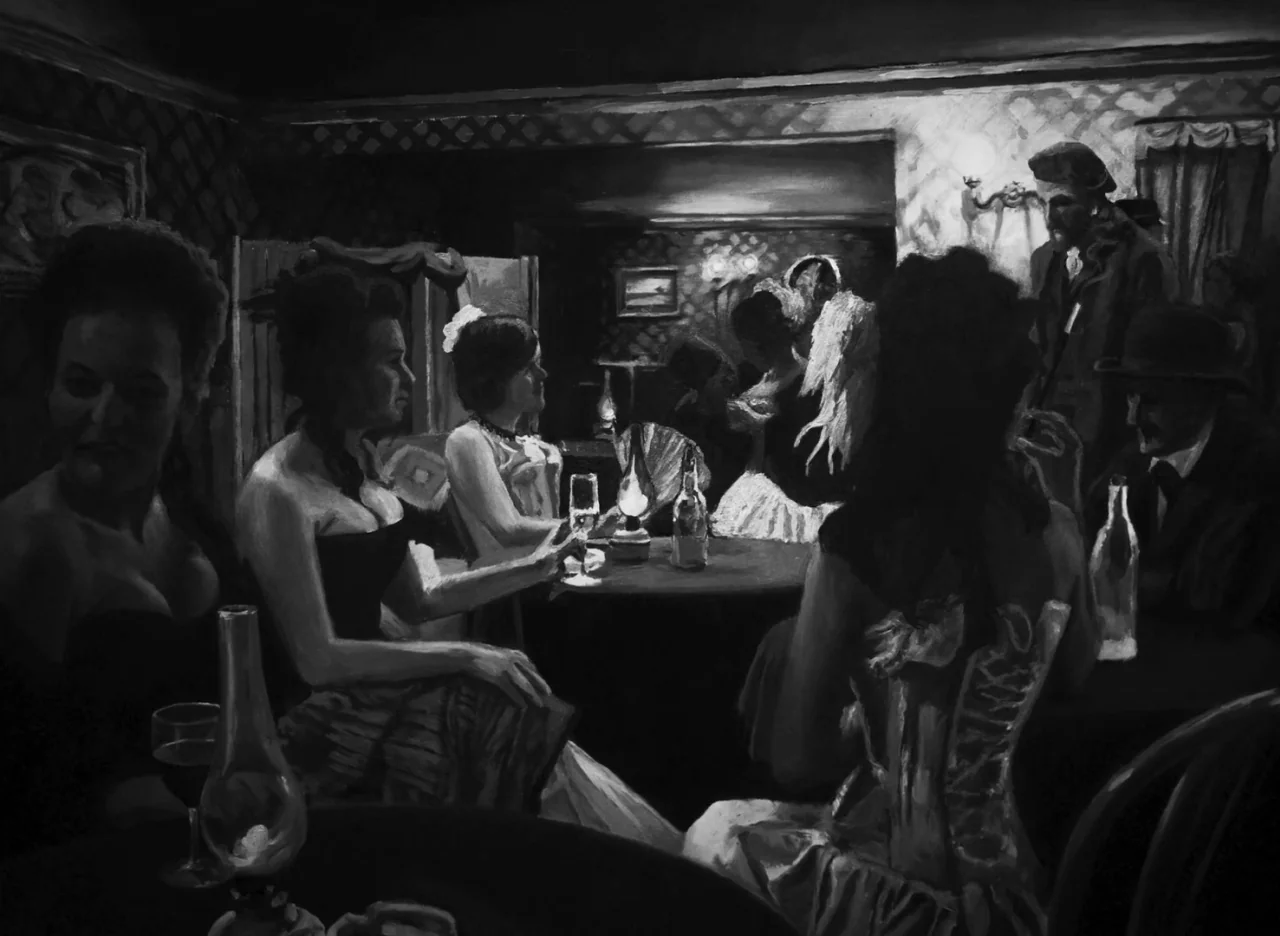 Loving Vincent (2017) movie still: medium — A dimly lit 19th-century saloon filled with patrons sitting at small round tables. Men and women in…