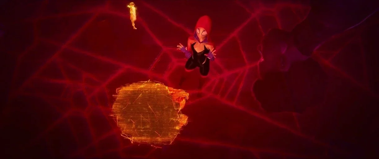 Spider-Man: Across the Spider-Verse (2023) movie still: wide — An abstract dark void patterned with glowing red web-like lines fills the frame. A…