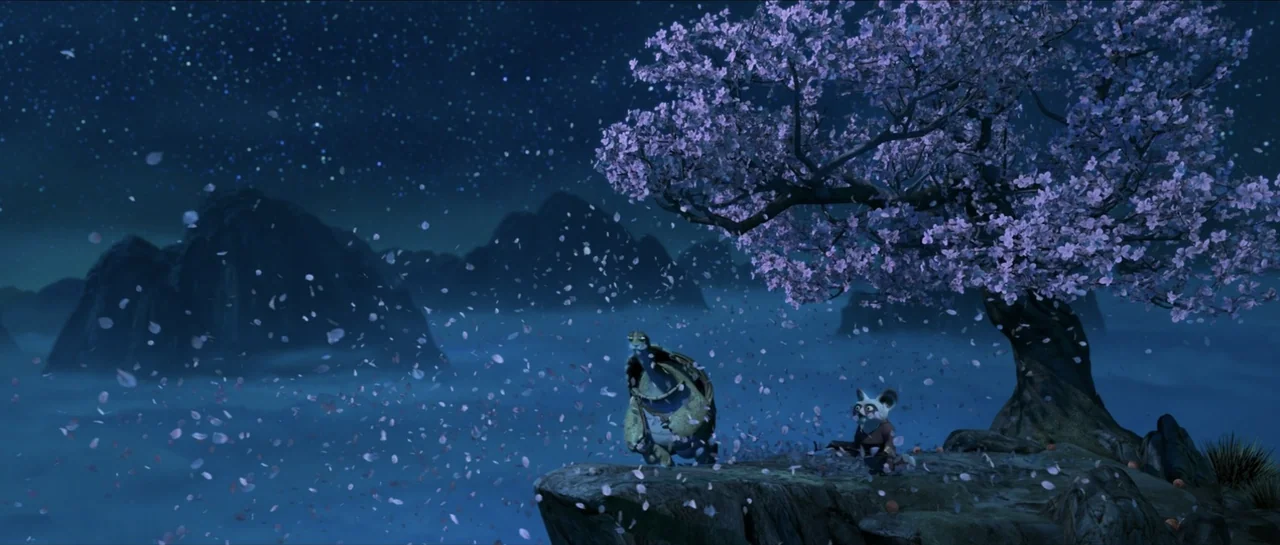 Kung Fu Panda (2008) movie still: wide — A rocky mountain peak features a large cherry blossom tree under a starry sky. An elderly tortoise and a…