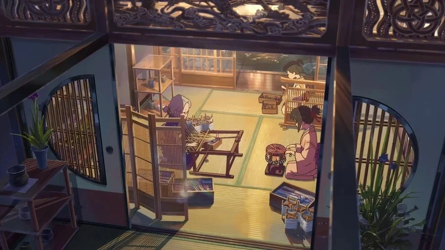 Your Name (2016) movie still: wide — A traditional Japanese room features tatami mats, wooden sliding screens, and intricate decorative lattice…