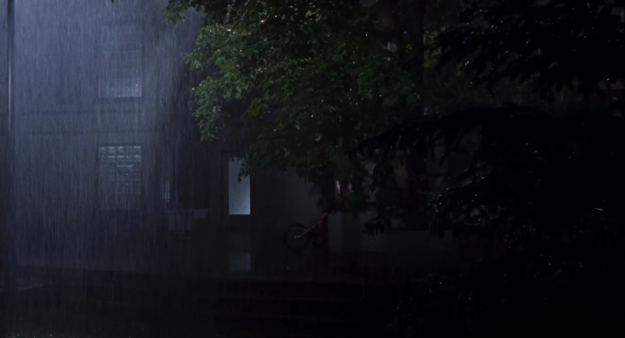 Martyrs (2008) movie still: wide — A dark house exterior is obscured by heavy rain falling at night. A bicycle rests near the illuminated entryway…