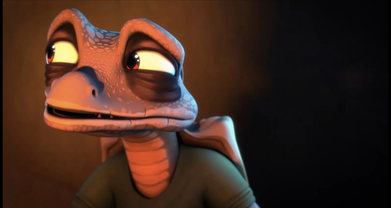 The Wishmas Tree (2020) movie still: closeup — A stylized 3D lizard character is positioned against a dark, featureless background. The figure…
