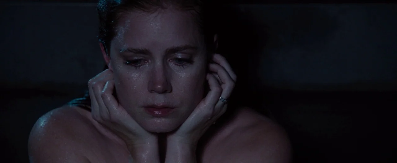 Nocturnal Animals (2016) movie still: closeup — A dark bathroom setting where the subject is submerged in water up to her shoulders. The woman sits…