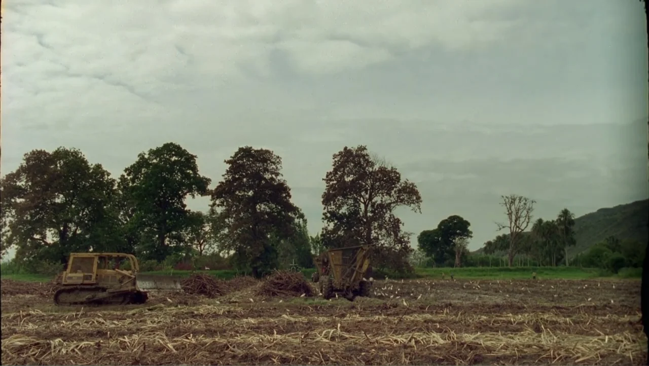 Cut (2000) movie still: wide — A vast, harvested agricultural field features rows of stubble and scattered piles of debris. A bulldozer and a…