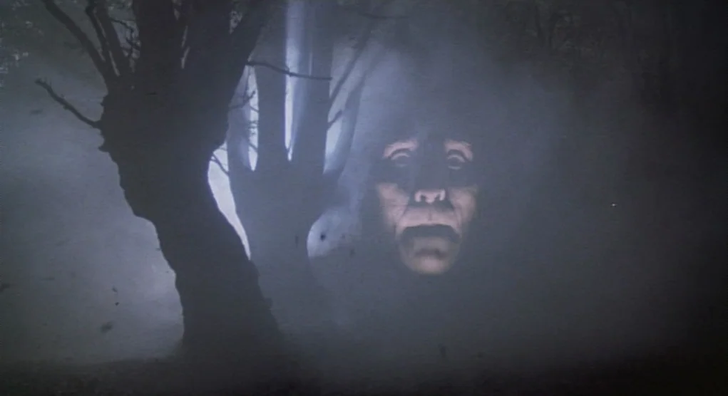 Time Bandits (1981) movie still: medium — A dark, dense woodland is filled with thick ground-level fog during the night. A disembodied human face is…